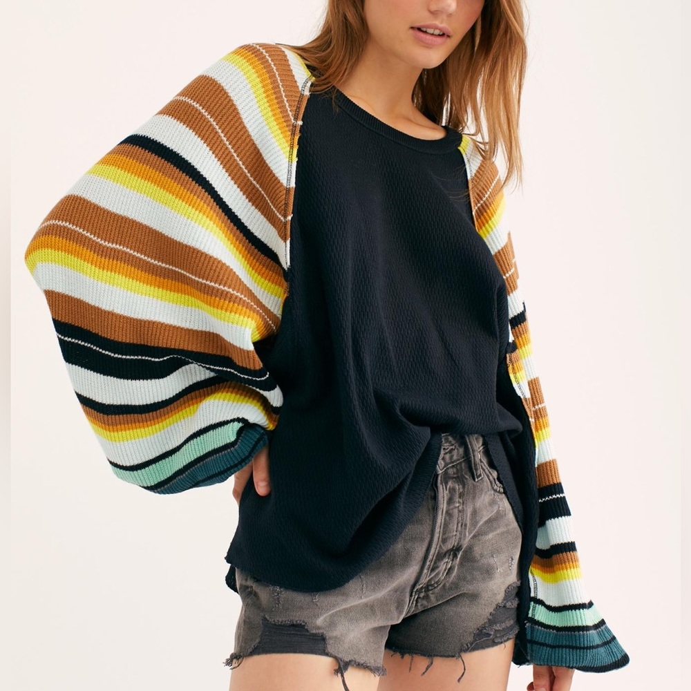 Free People -Rainbow Dreams Balloon-Sleeve Top Long Sleeve Rainbow Black
